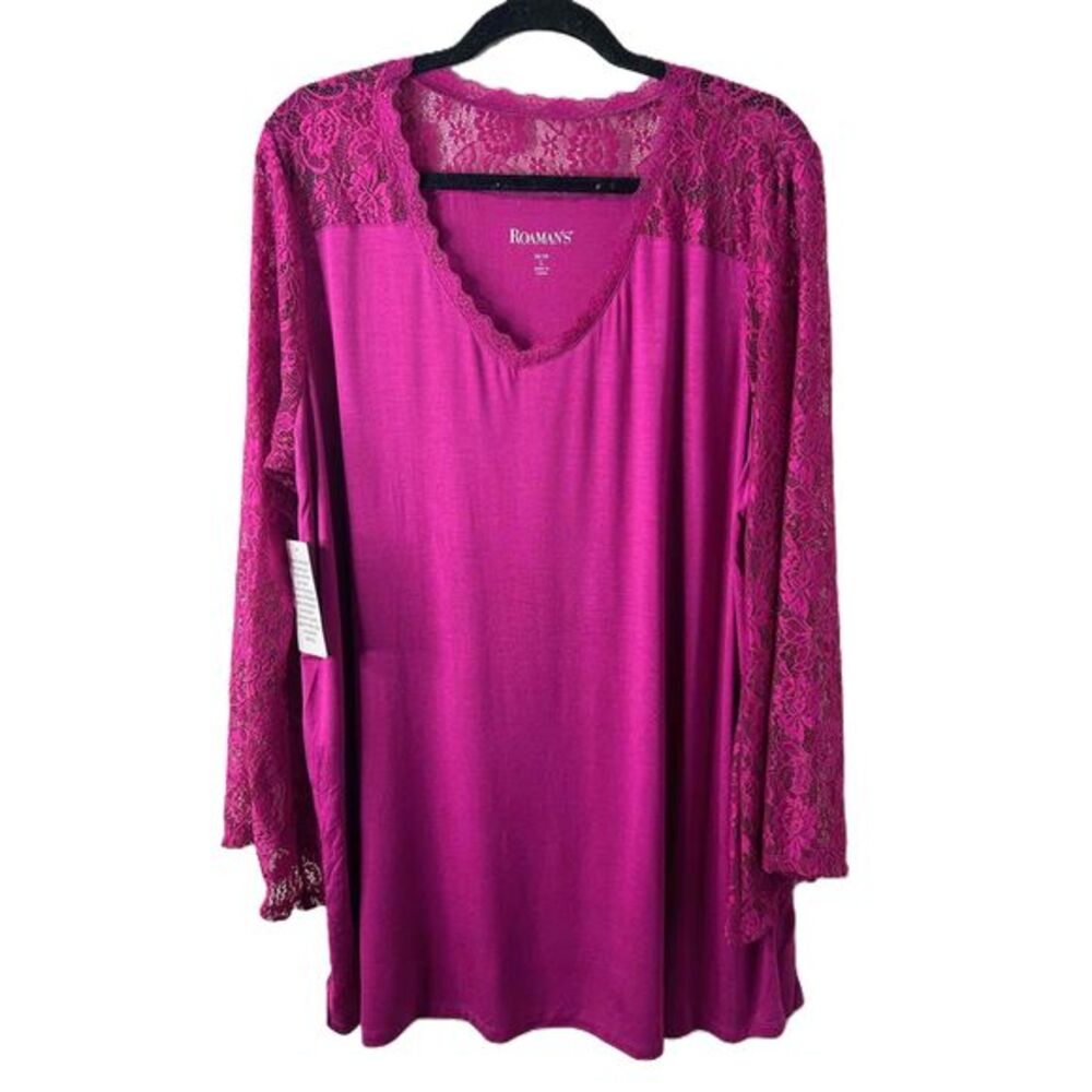 NWT Roamans Blouse Womens Size 18/20 Magenta Tunic V Neck 3/4 Sleeve Lace Detail